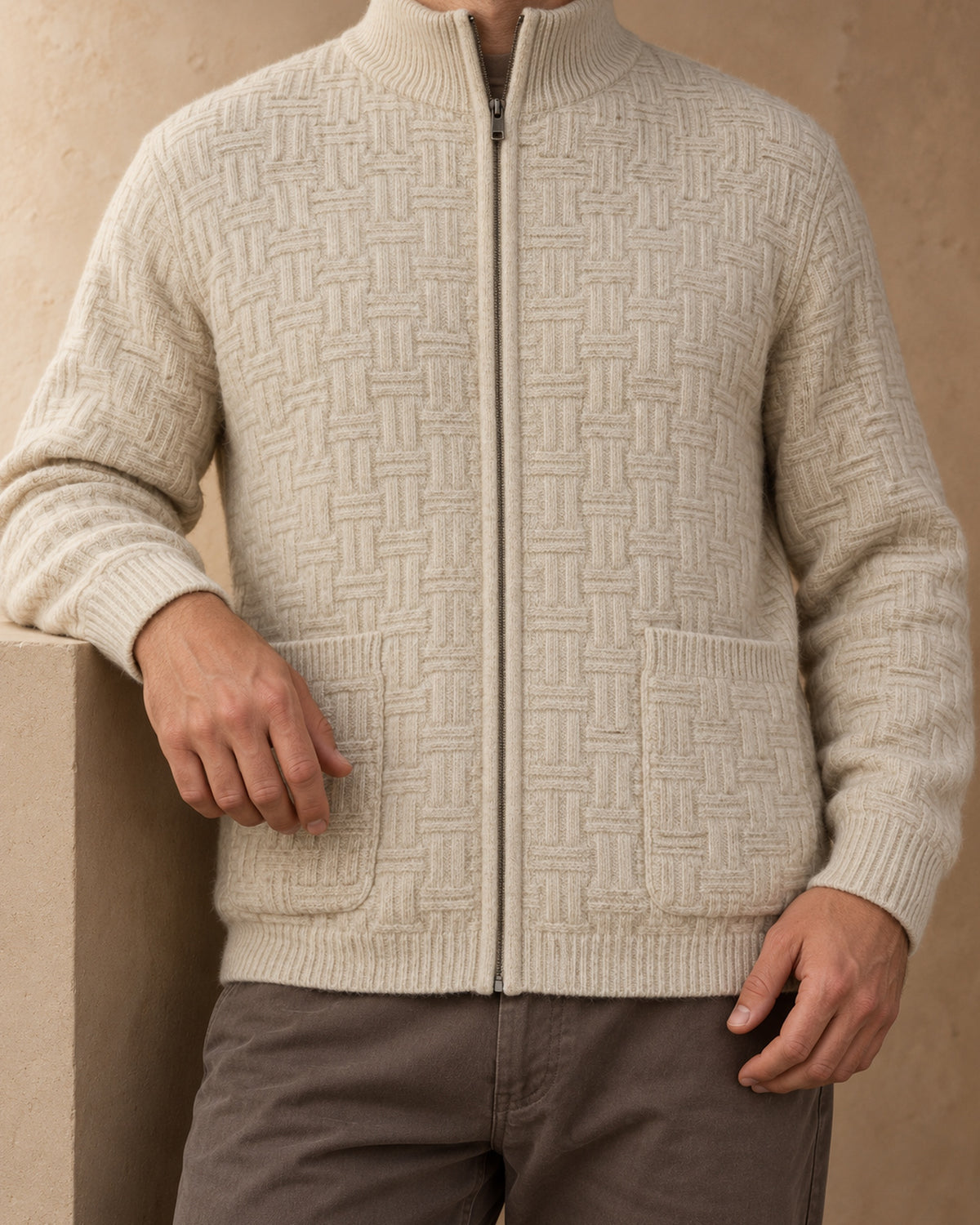 Bogd Cashmere Basketweave Zip Cardigan, Beige, detail view