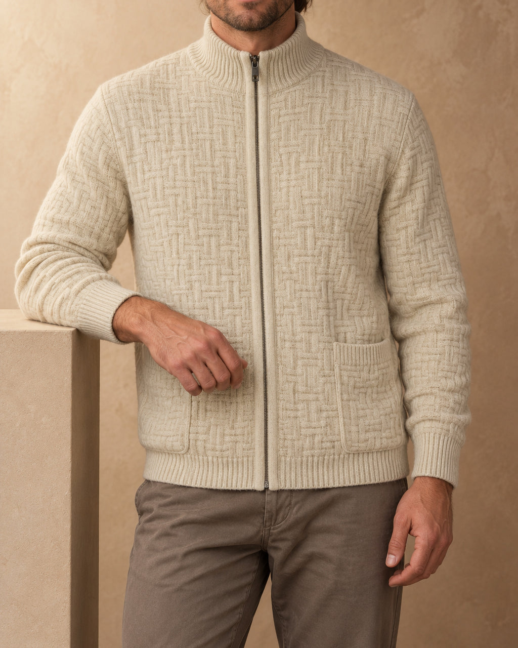 Bogd Cashmere Basketweave Zip Cardigan, Beige, front view