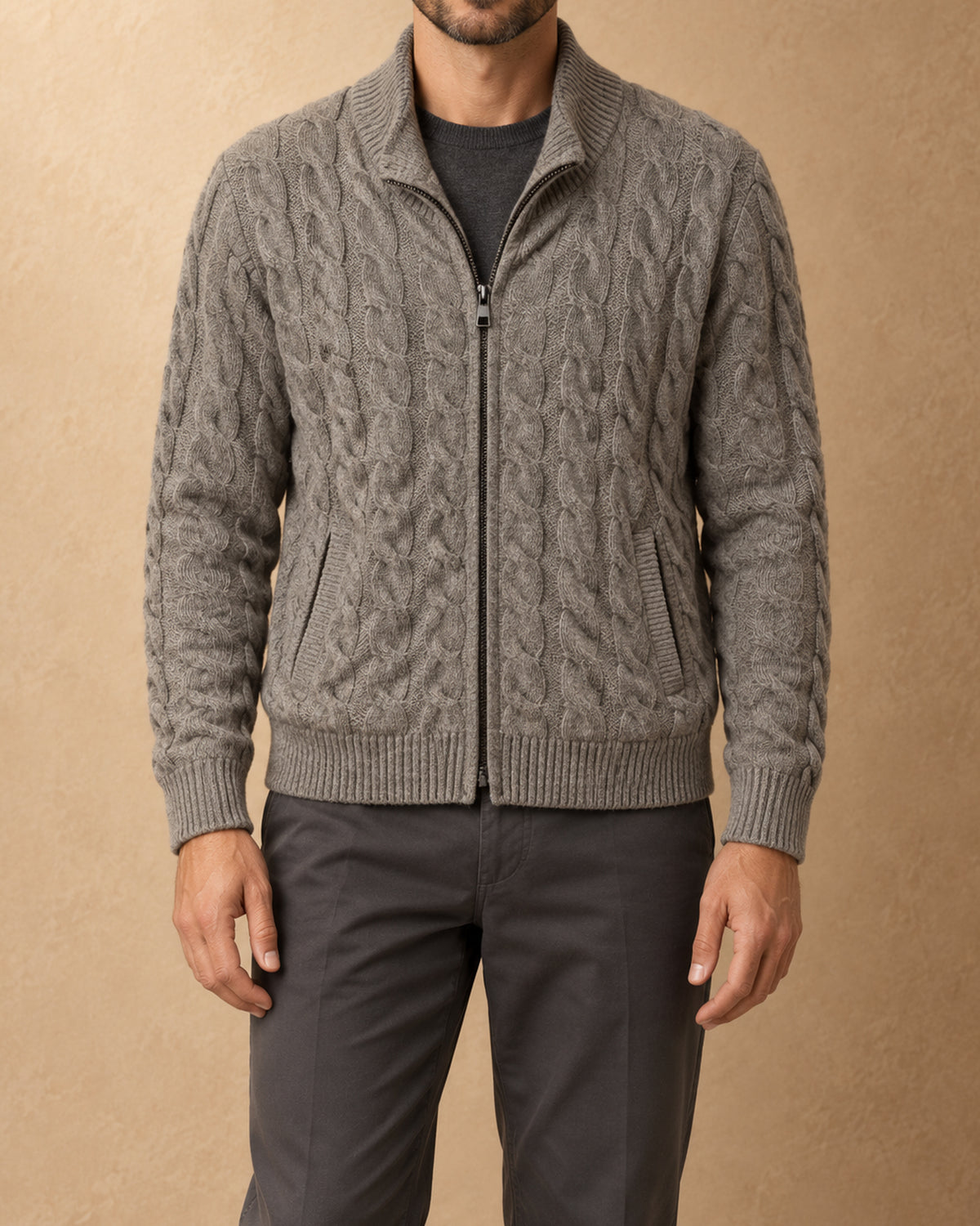 Khalkh Wool Cable-Knit Zip Cardigan, Grey, front view
