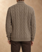 Burkhan Cashmere Cable-Knit Zip Cardigan, Brown, back view