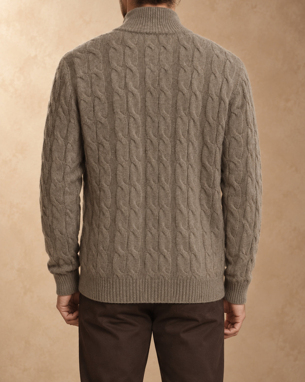 Burkhan Cashmere Cable-Knit Zip Cardigan, Brown, back view