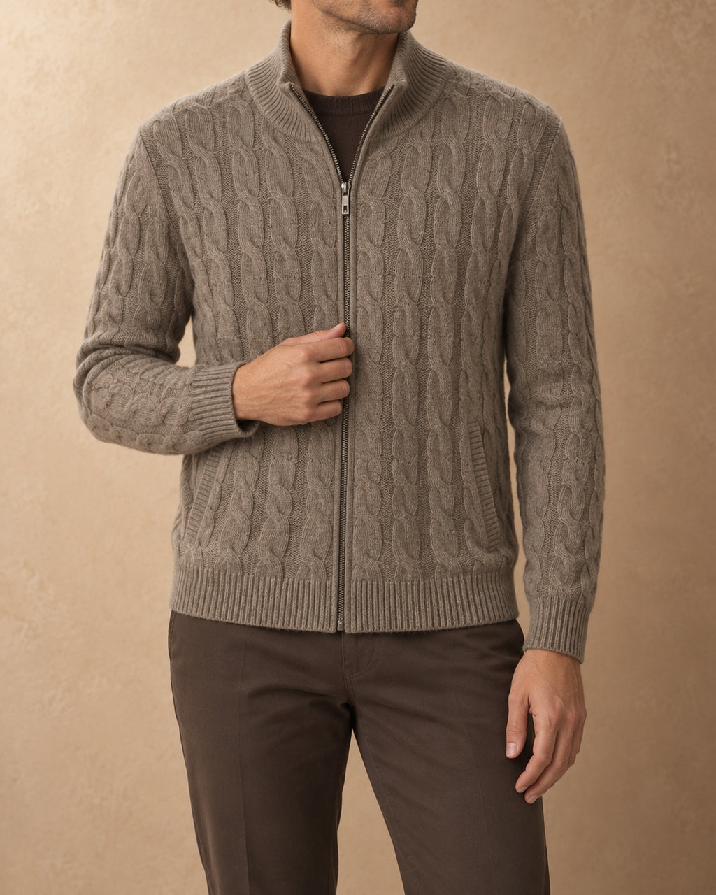 Burkhan Cashmere Cable-Knit Zip Cardigan, Brown, front view