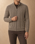 Burkhan Cashmere Cable-Knit Zip Cardigan, Brown, front view