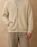 Gobi Cashmere V-Neck Zip Cardigan, Cream, detail view