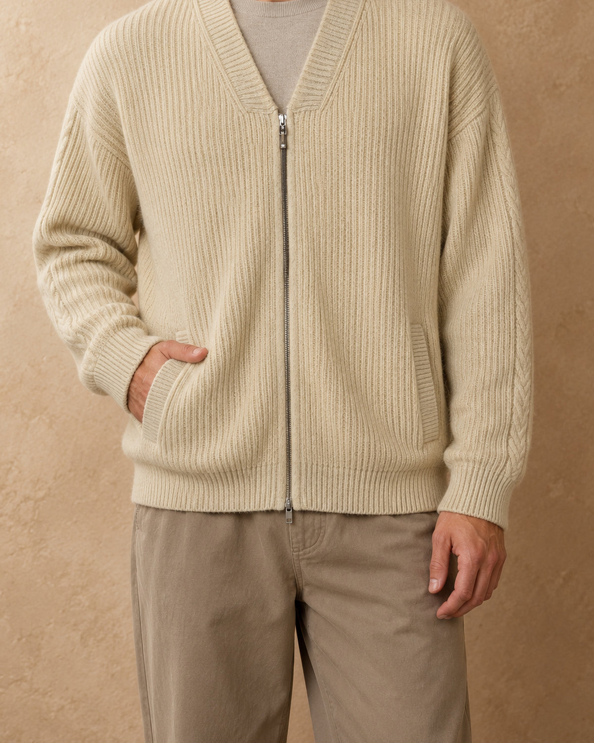Gobi Cashmere V-Neck Zip Cardigan, Cream, detail view