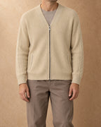 Gobi Cashmere V-Neck Zip Cardigan, Cream, front view