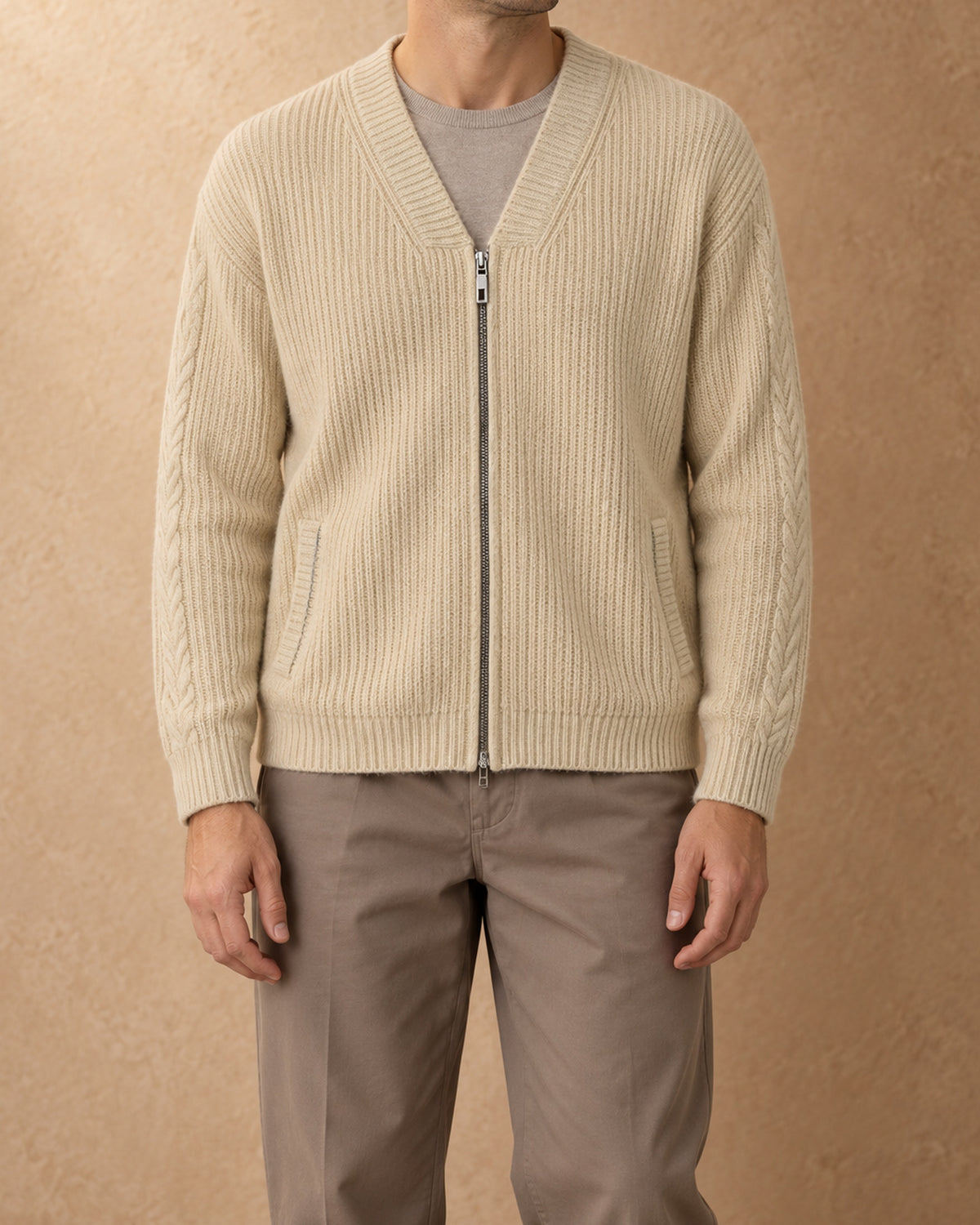 Gobi Cashmere V-Neck Zip Cardigan, Cream, front view