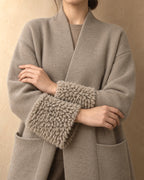 Long Coat with Bouclé Cuffs in Cashmere, Grey-beige, detail view