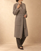 Belted Long Knit Coat in Cashmere, Beige, 3q view