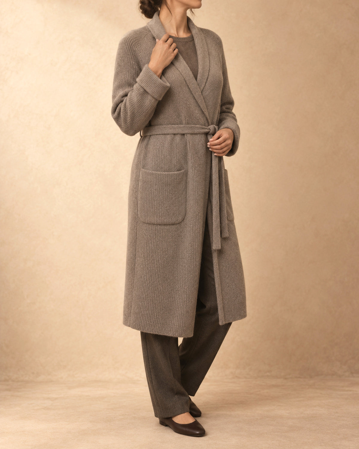 Belted Long Knit Coat in Cashmere, Beige, 3q view