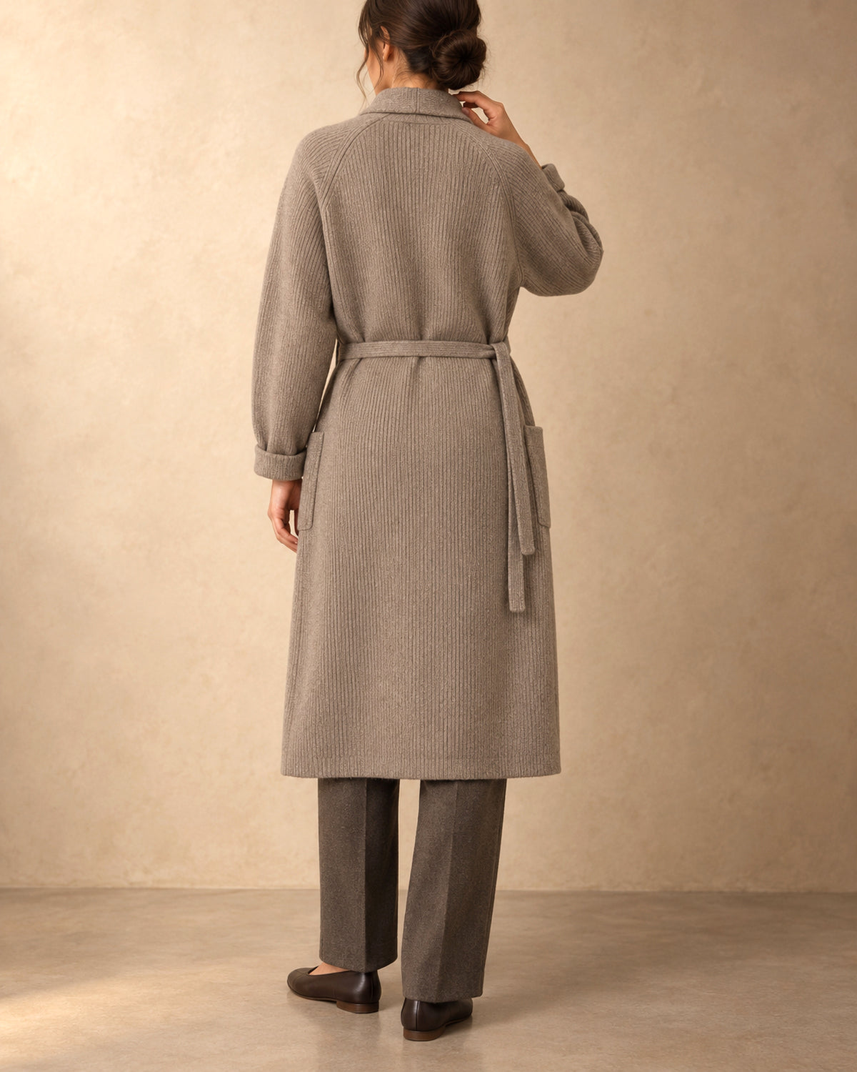 Belted Long Knit Coat in Cashmere, Beige, back view