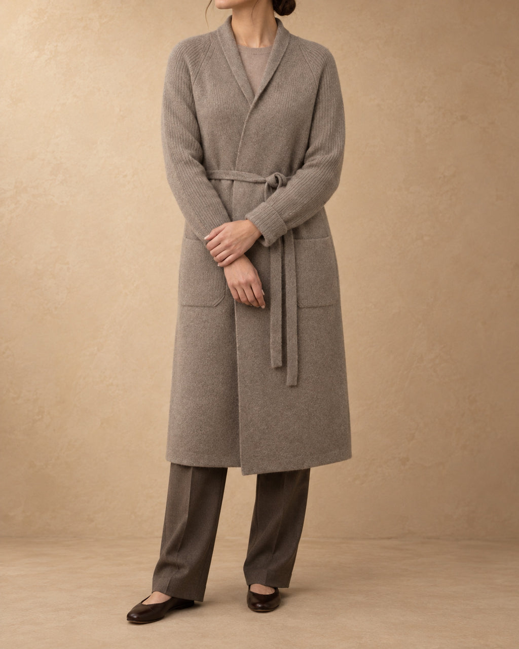 Belted Long Knit Coat in Cashmere, Beige, front view