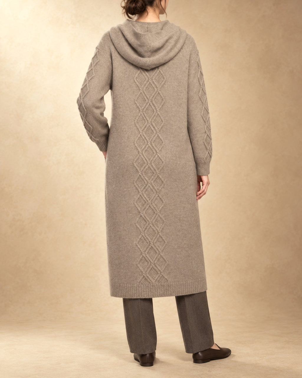 Hooded Cable Coat in Cashmere, Beige, back view