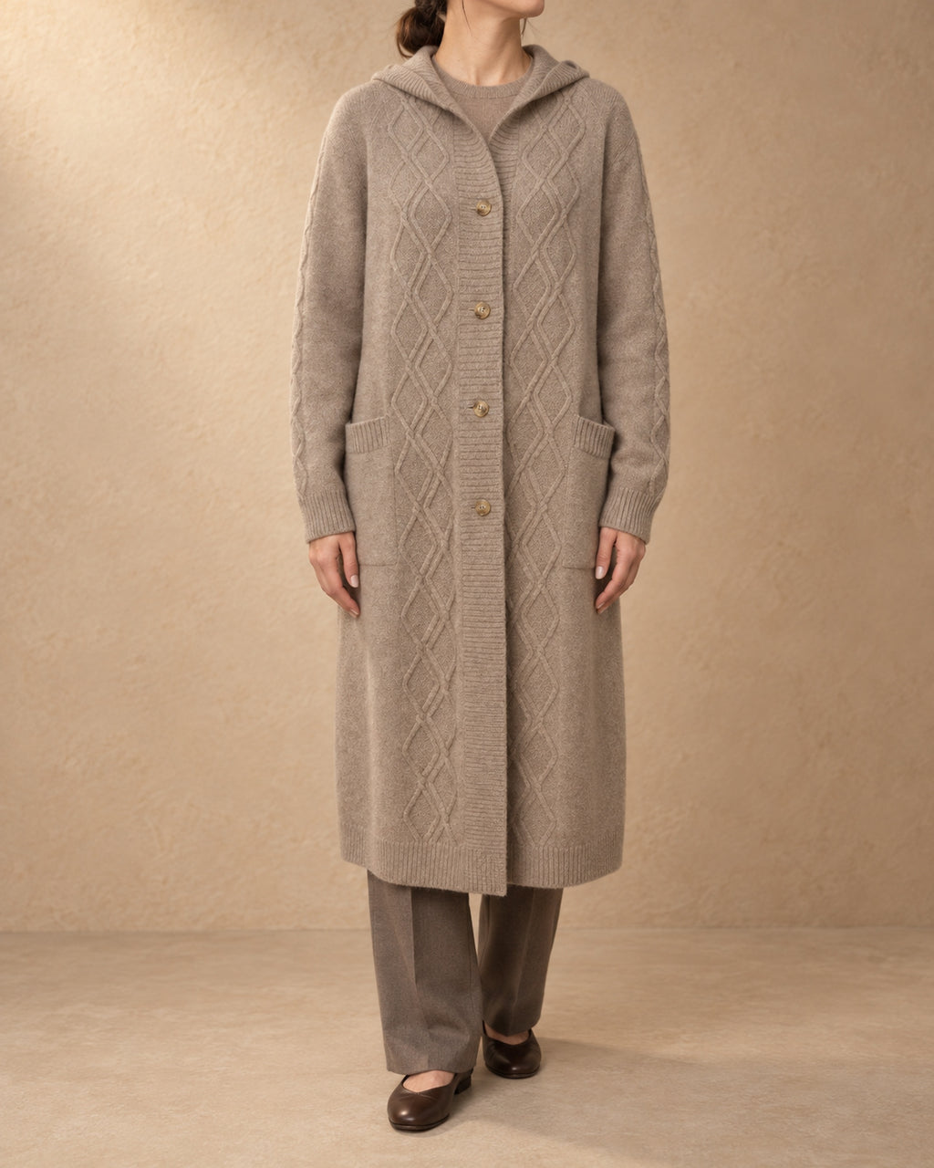 Hooded Cable Coat in Cashmere, Beige, front view