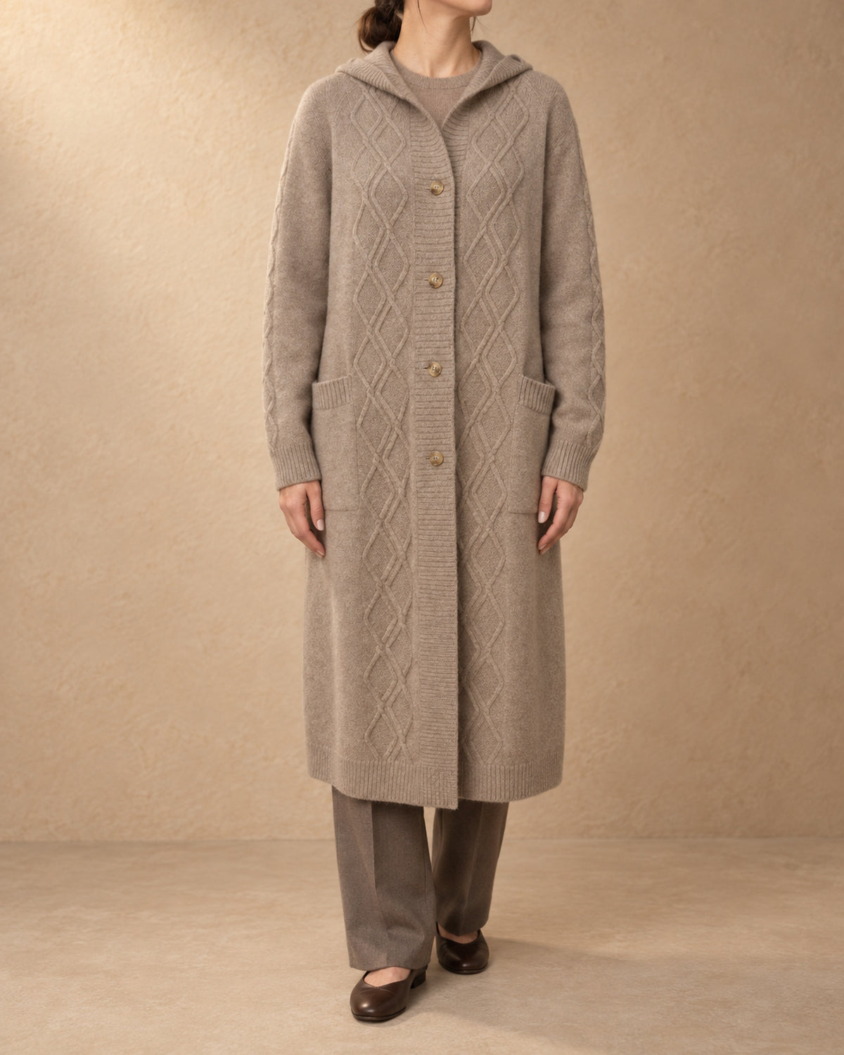 Hooded Cable Coat in Cashmere, Beige, front view