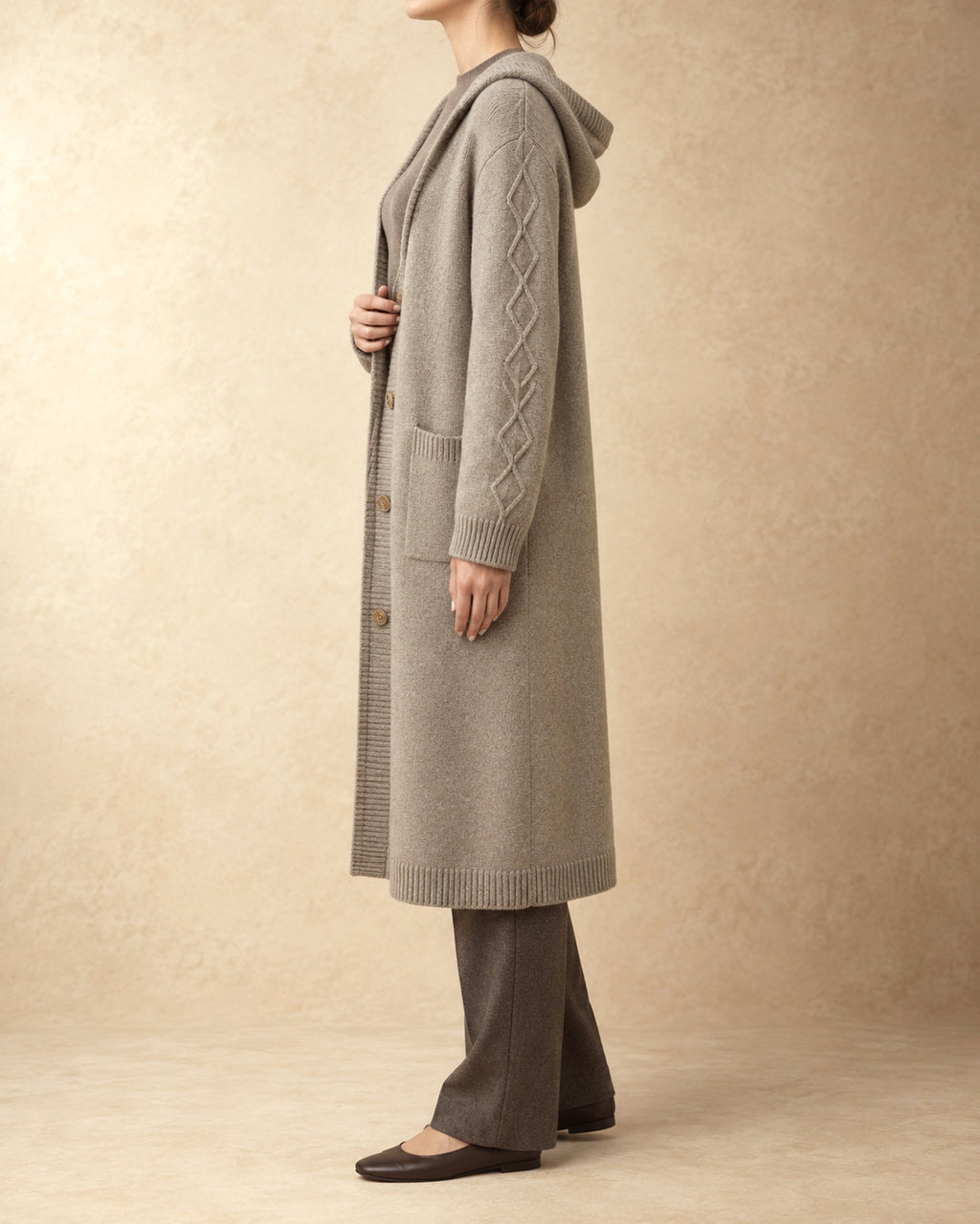 Hooded Cable Coat in Cashmere, Beige, side view