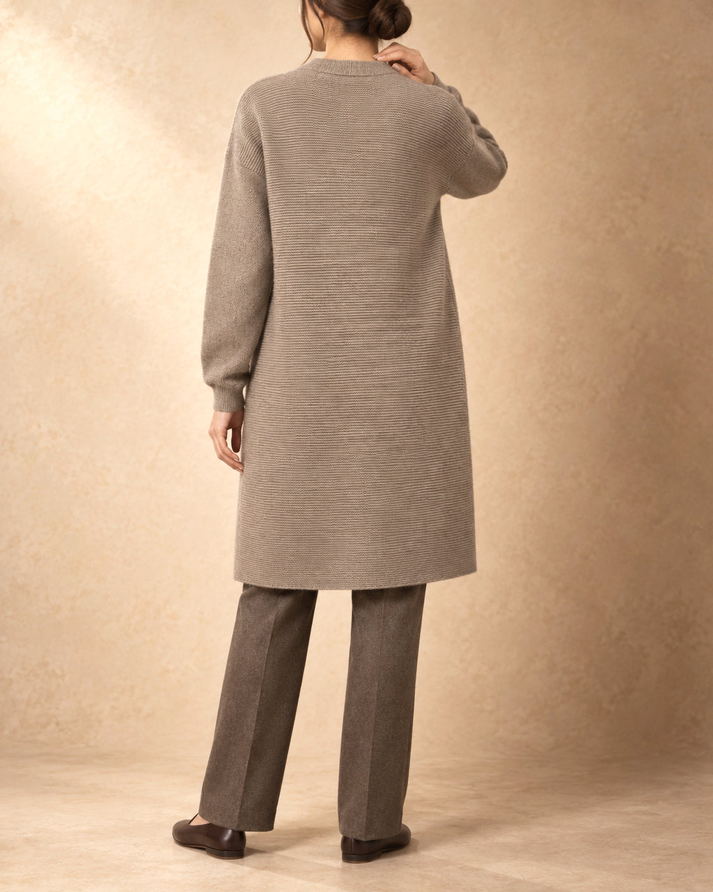Lace-Front Knit Coat in Cashmere, Beige, back view