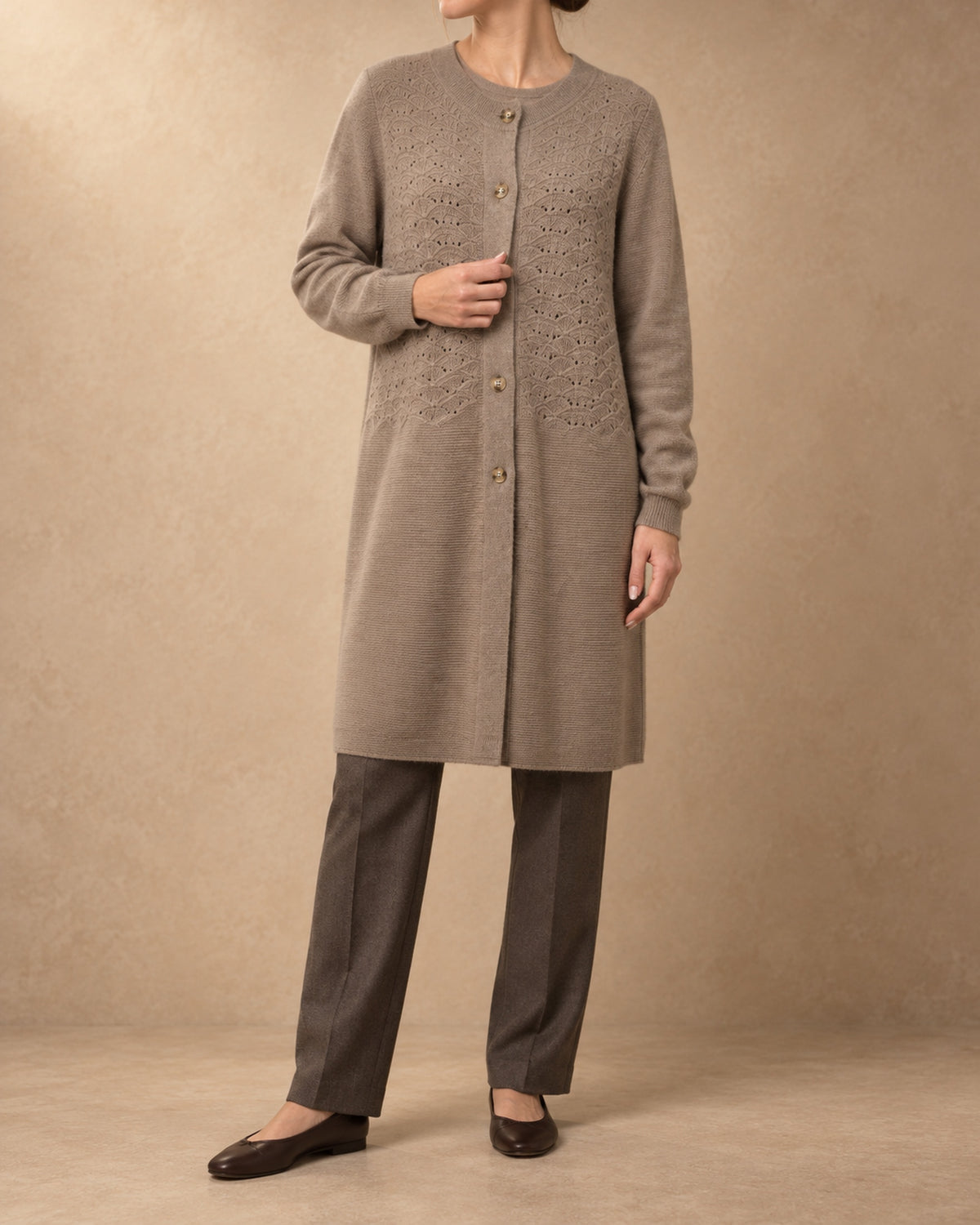 Lace-Front Knit Coat in Cashmere, Beige, front view