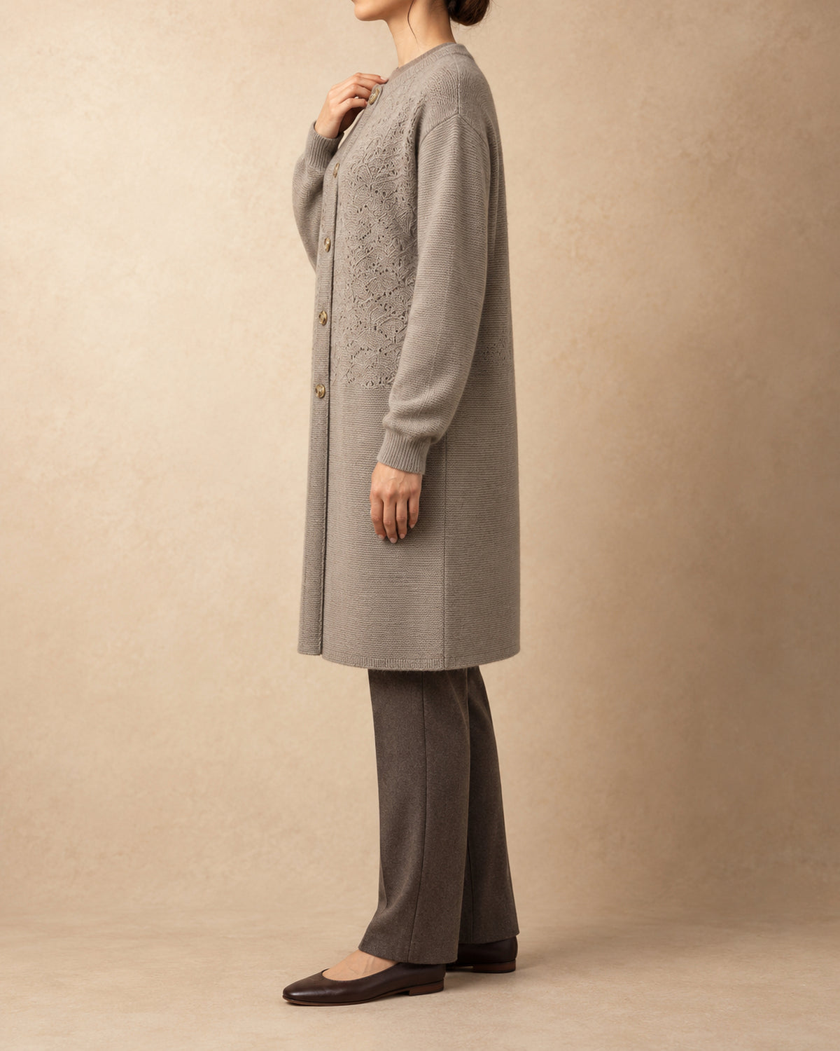 Lace-Front Knit Coat in Cashmere, Beige, side view