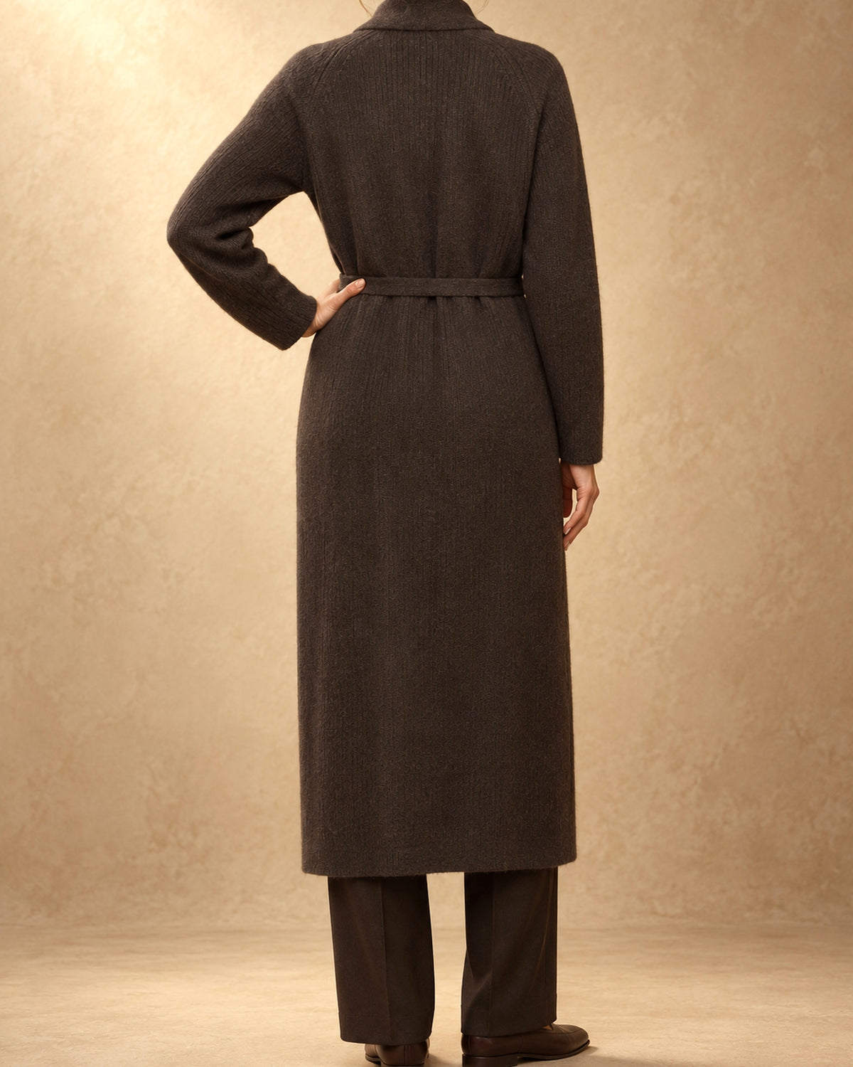 Belted Shawl-Collar Coat in Yak Wool, Brown, back view