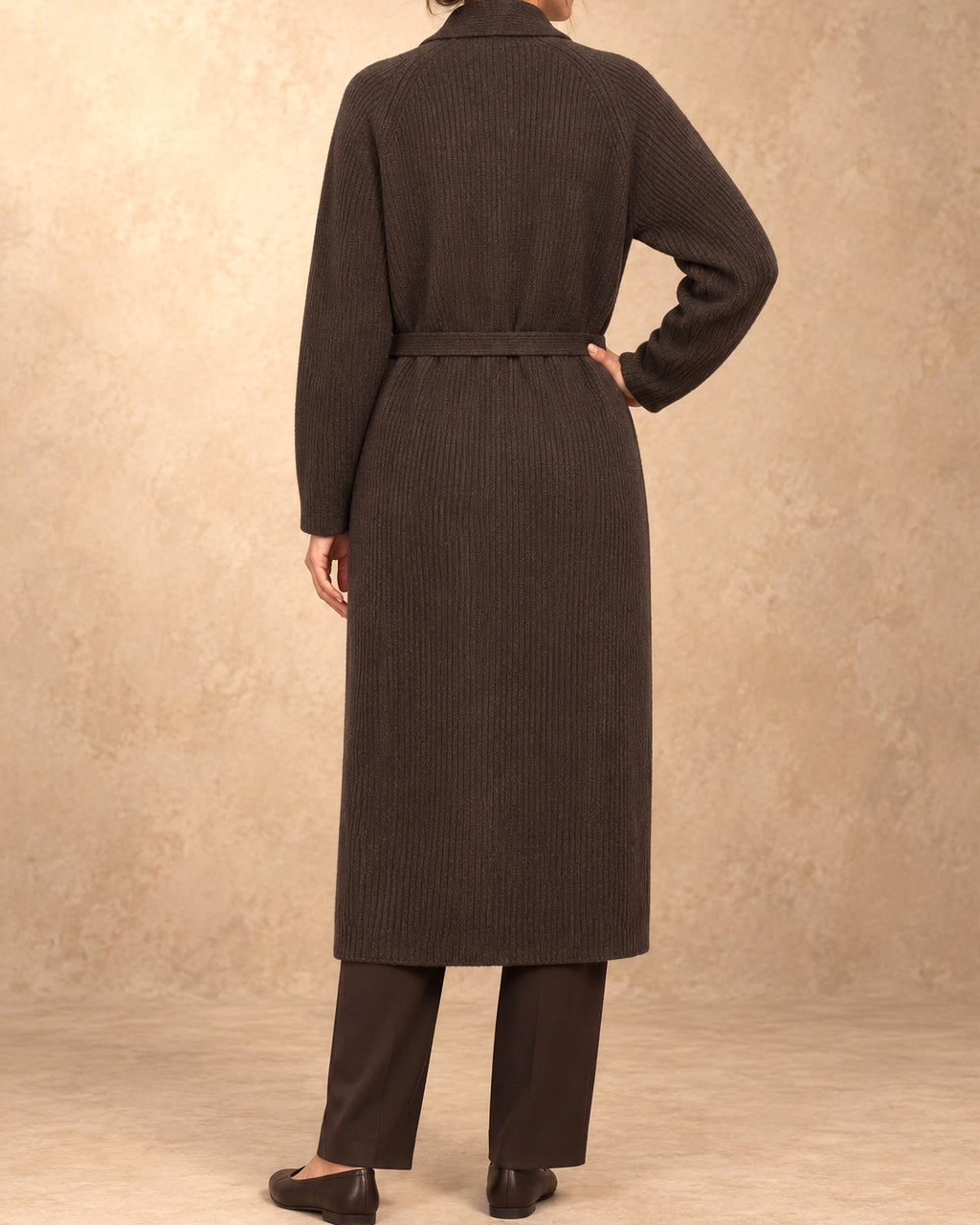 Otgon Yak Wool Belted Knit Coat, Brown, back view