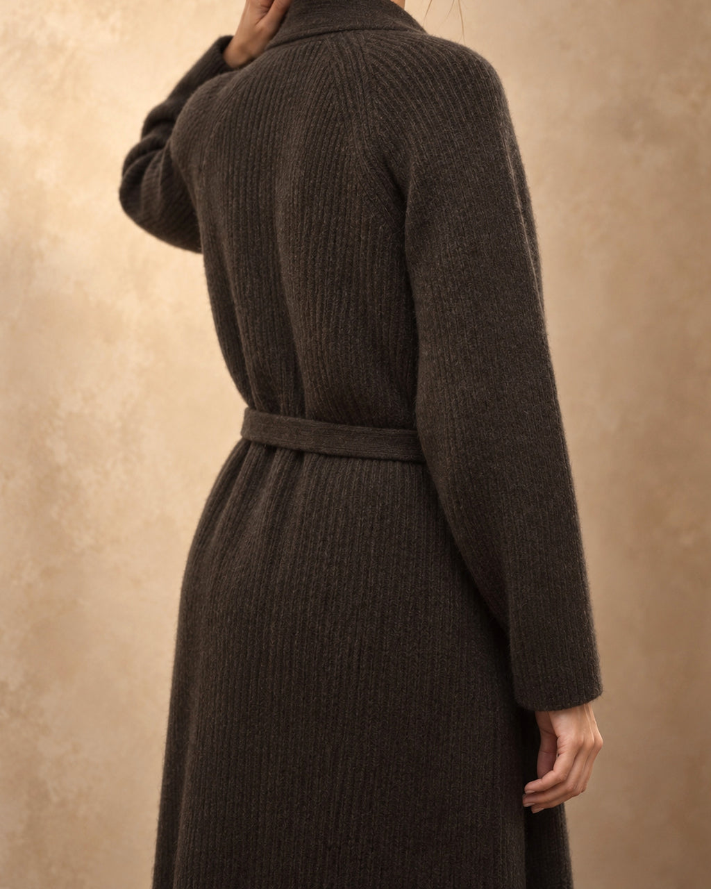 Otgon Yak Wool Belted Knit Coat, Brown, detail view