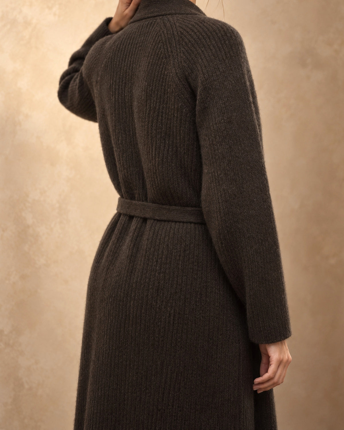 Otgon Yak Wool Belted Knit Coat, Brown, detail view