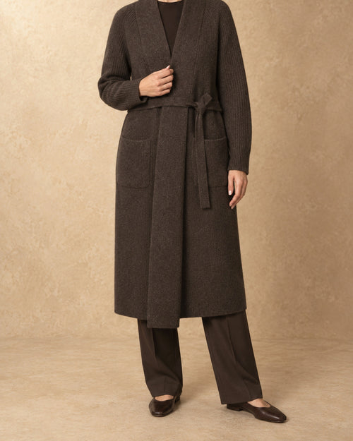 Belted Shawl-Collar Coat in Yak Wool, Brown, front view