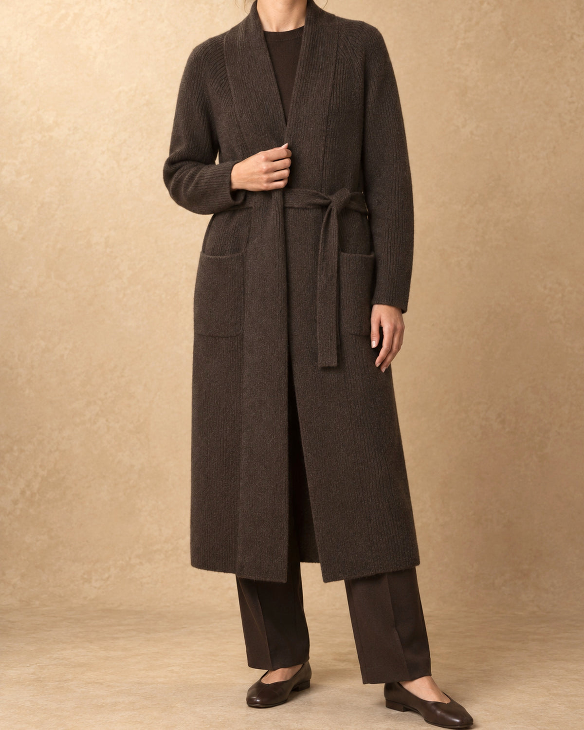 Otgon Yak Wool Belted Knit Coat, Brown, front view