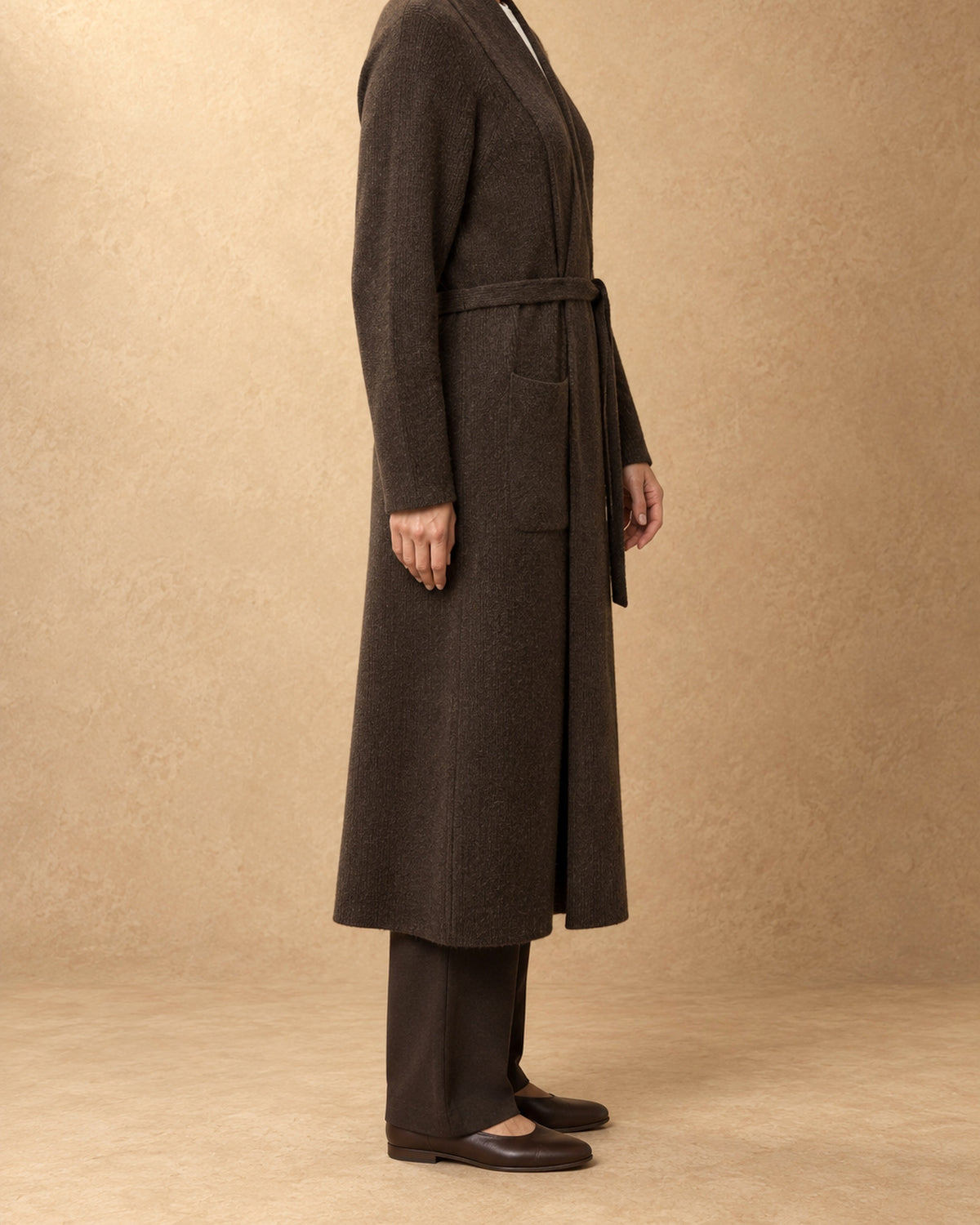 Belted Shawl-Collar Coat in Yak Wool, Brown, side view