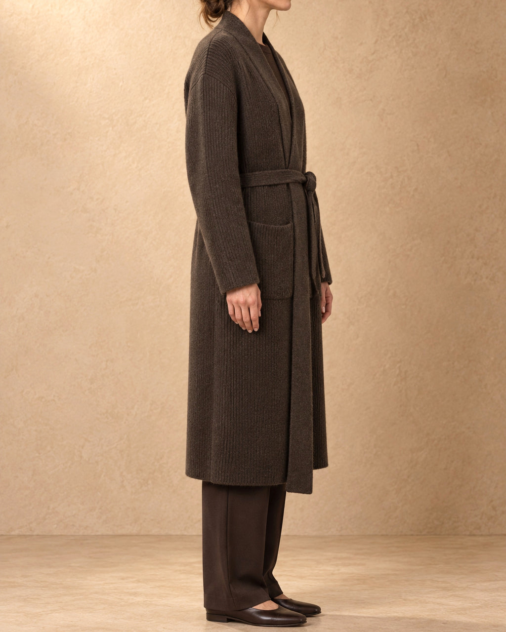 Otgon Yak Wool Belted Knit Coat, Brown, side view