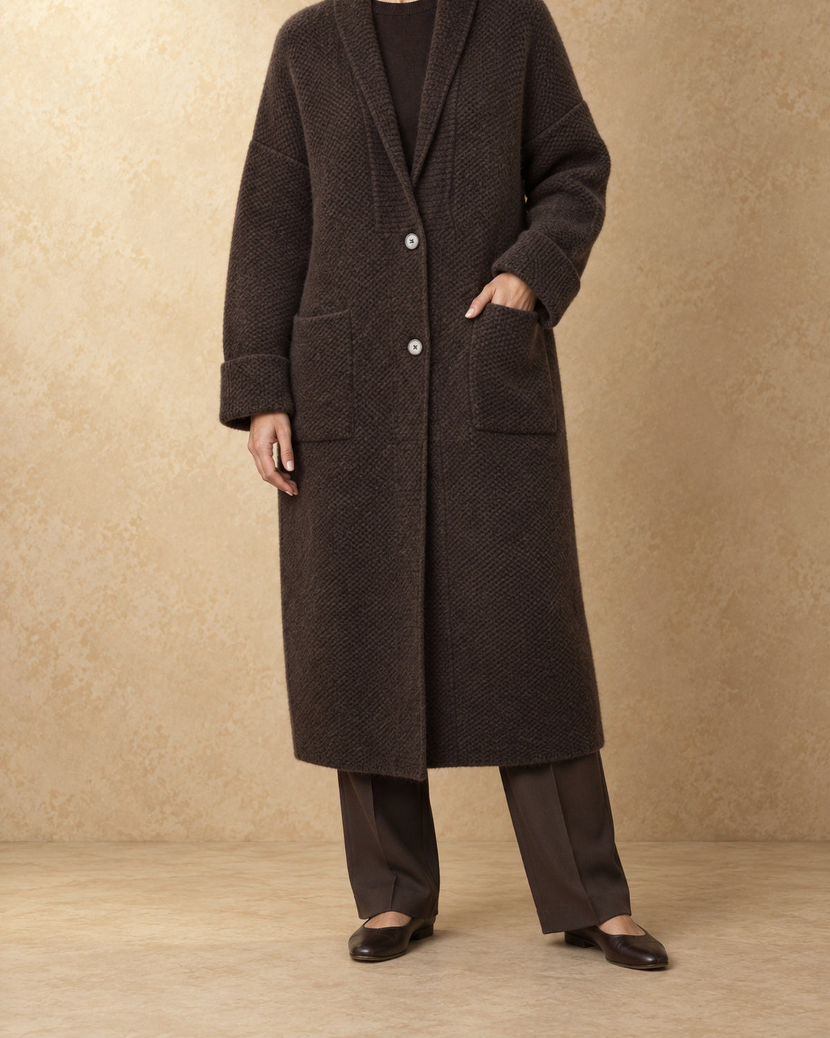 Two-Button Long Coat in Yak Wool, Brown, front view