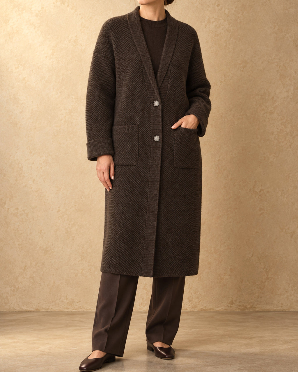 Darkhad Yak Wool Oversized Knit Coat, Brown, front view