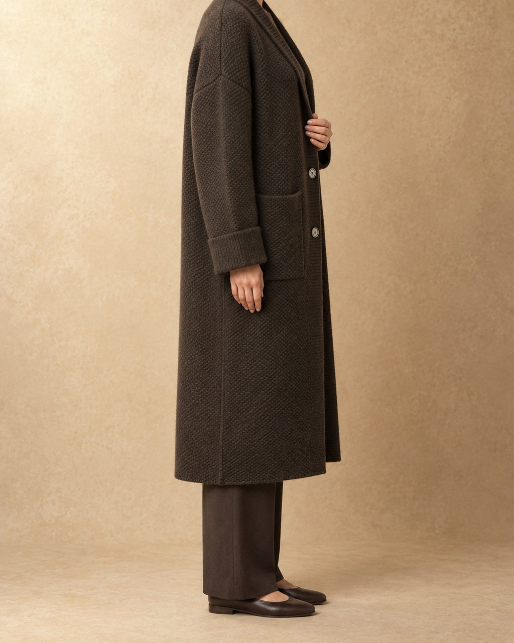Two-Button Long Coat in Yak Wool, Brown, side view