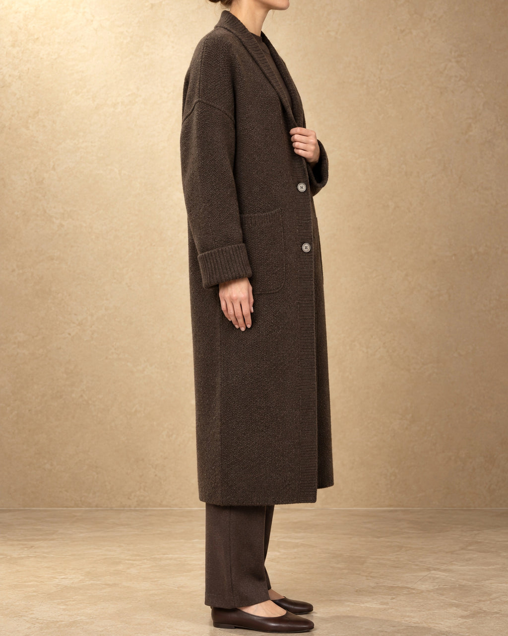 Darkhad Yak Wool Oversized Knit Coat, Brown, side view