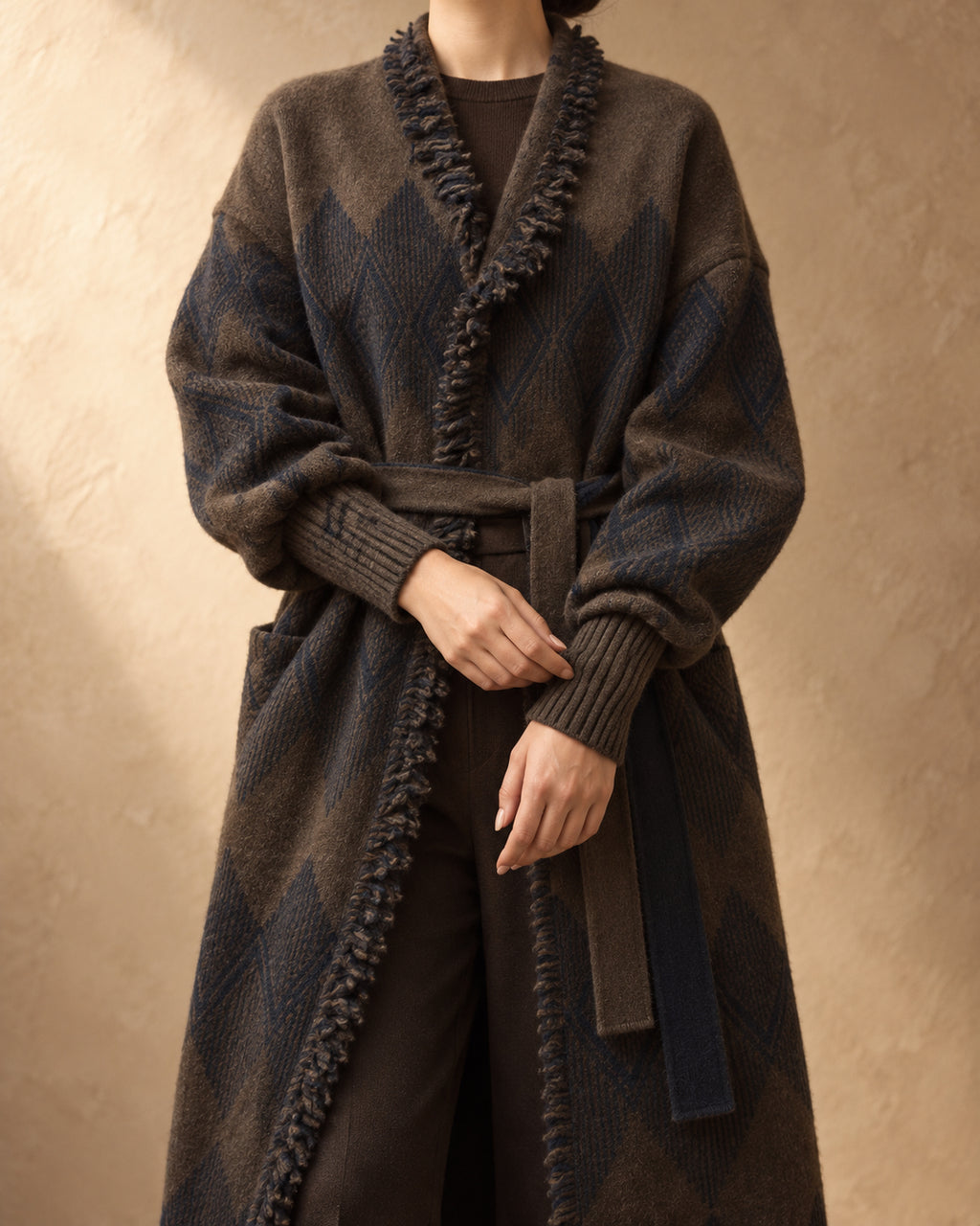 Khongor Yak Wool Jacquard Knit Coat, Brown, detail view