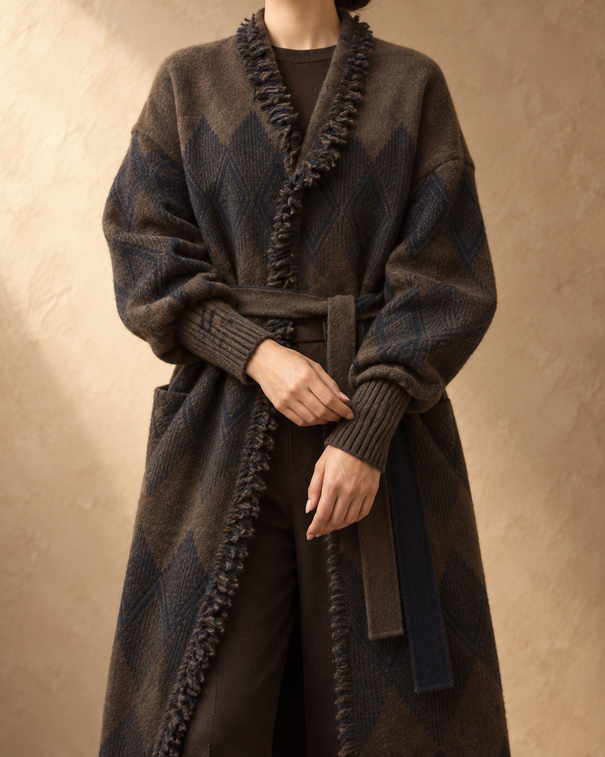 Khongor Yak Wool Jacquard Knit Coat, Brown, detail view