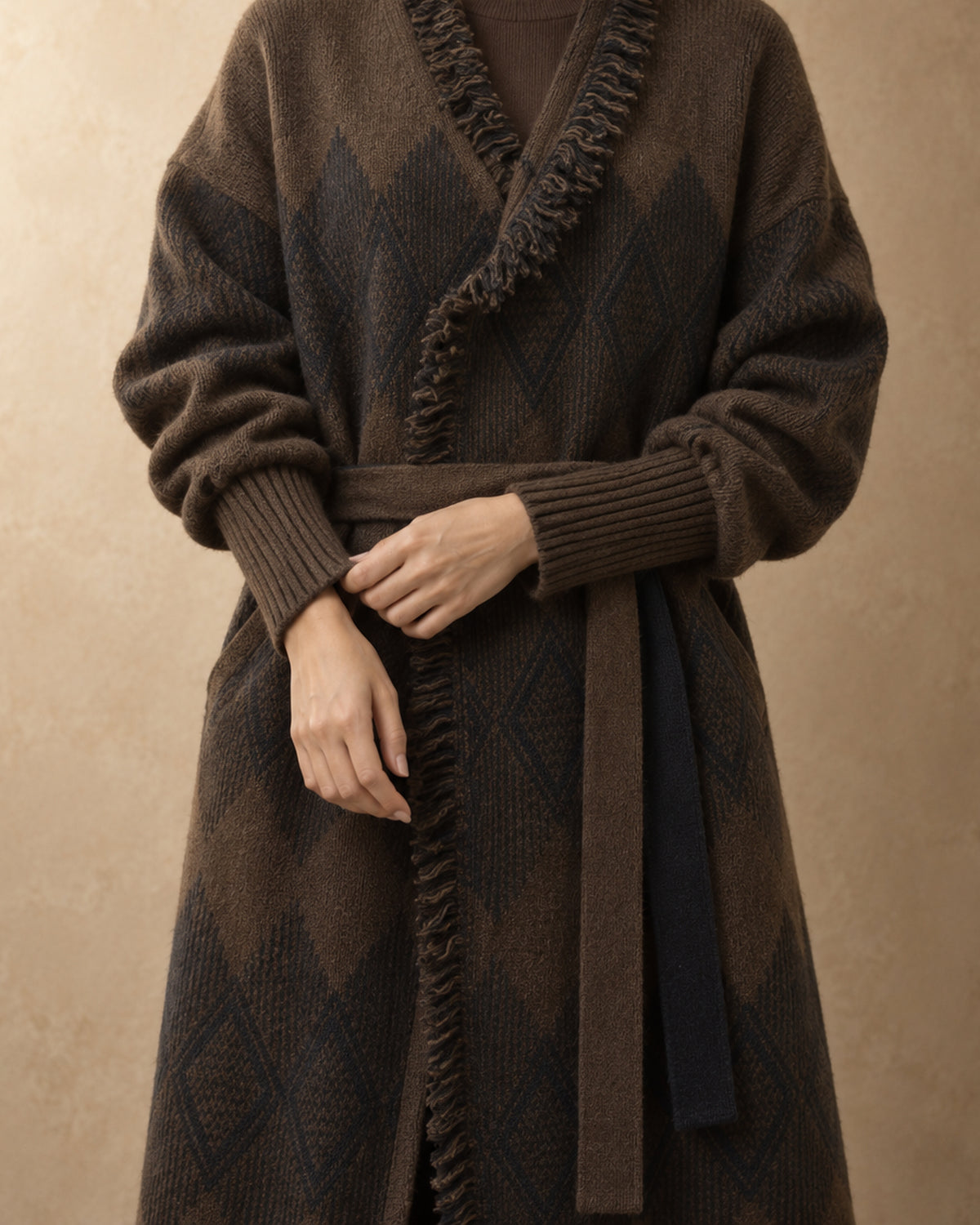 Diamond-Pattern Wrap Coat in Yak Wool, Brown, detail view