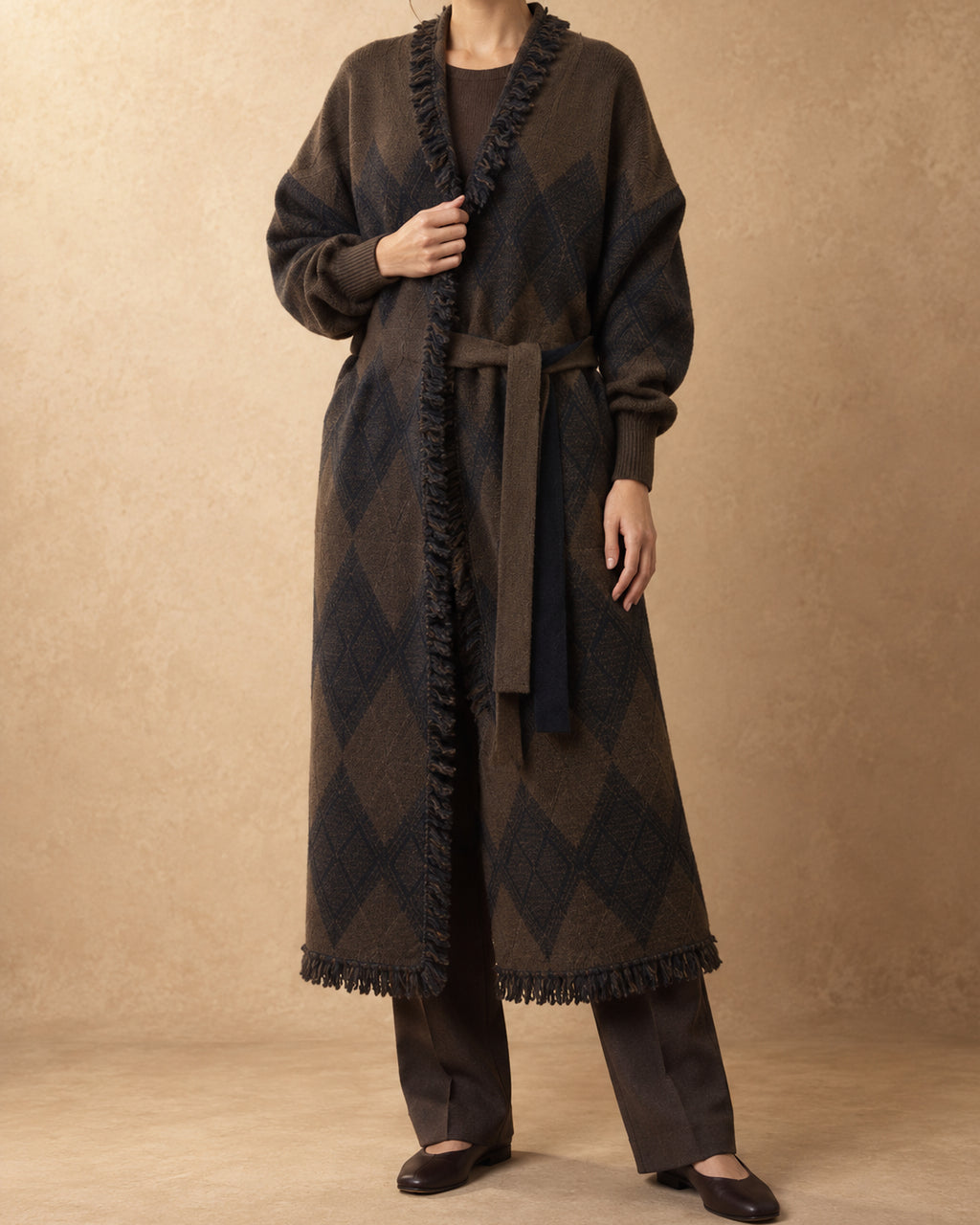 Khongor Yak Wool Jacquard Knit Coat, Brown, front view