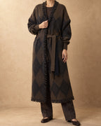 Khongor Yak Wool Jacquard Knit Coat, Brown, front view