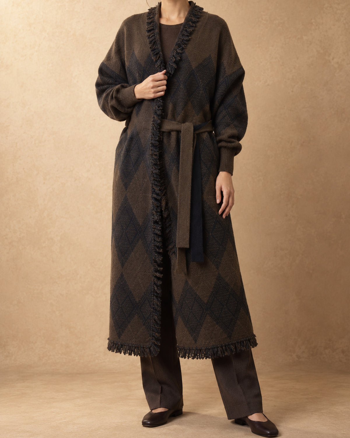 Khongor Yak Wool Jacquard Knit Coat, Brown, front view