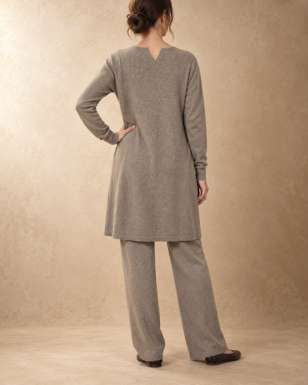 Pocket Tunic Dress in Cashmere, Beige, back view