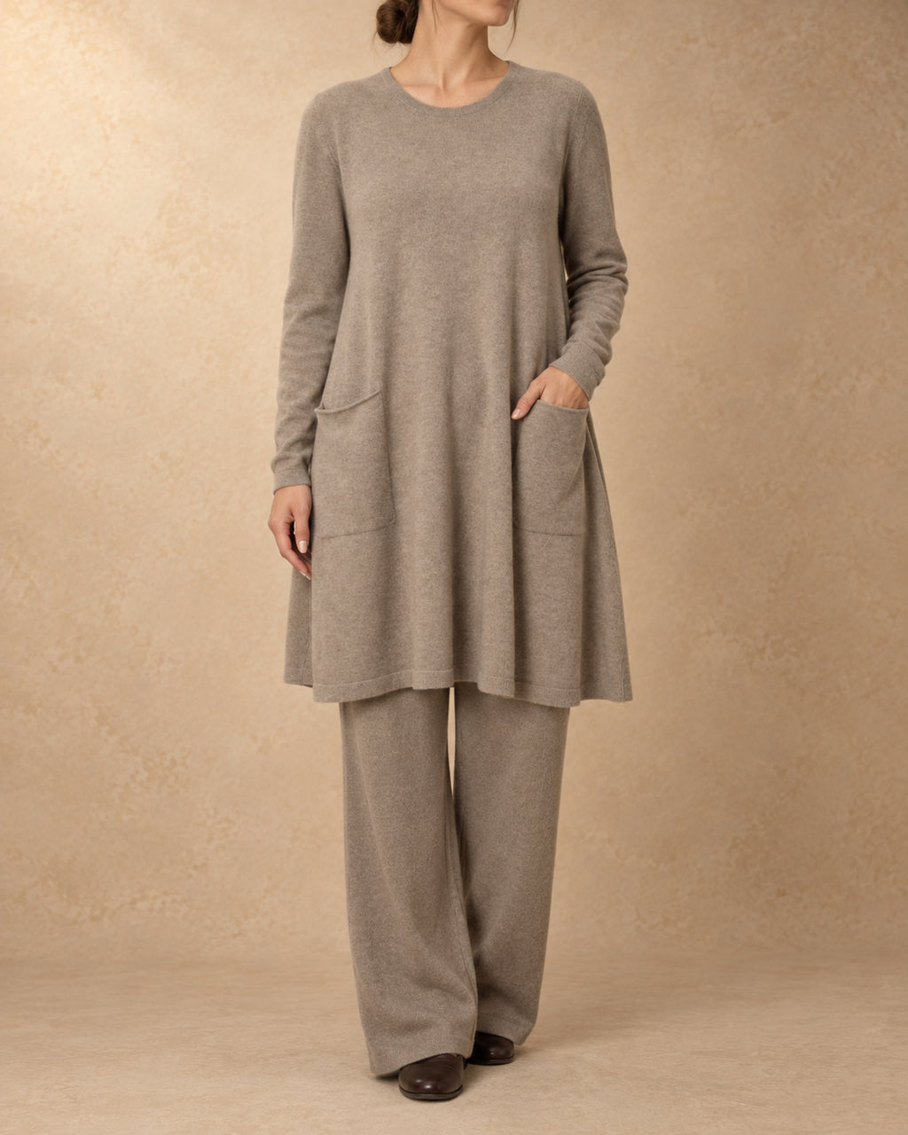 Pocket Tunic Dress in Cashmere, Beige, front view
