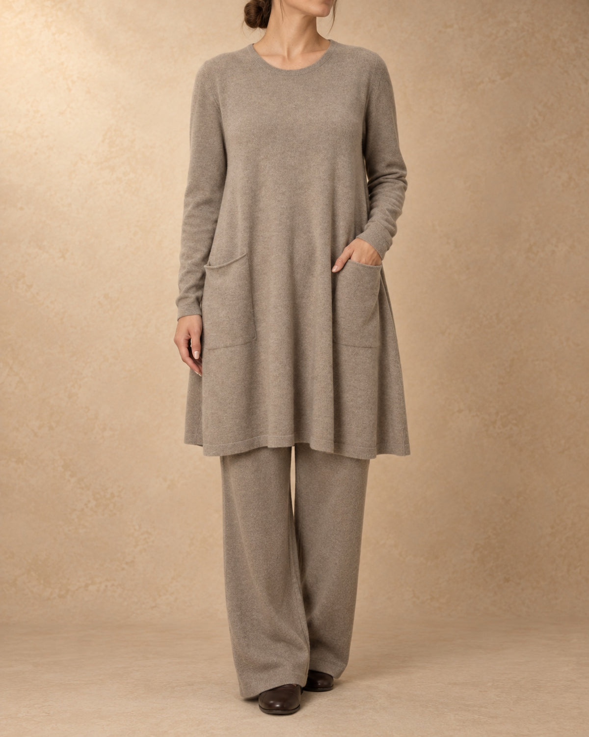 Pocket Tunic Dress in Cashmere, Beige, front view