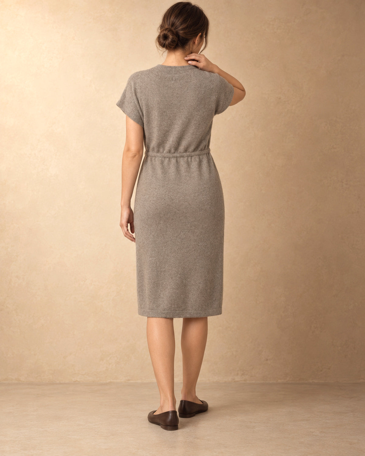 Drawstring-Waist Dress in Cashmere, Beige, back view