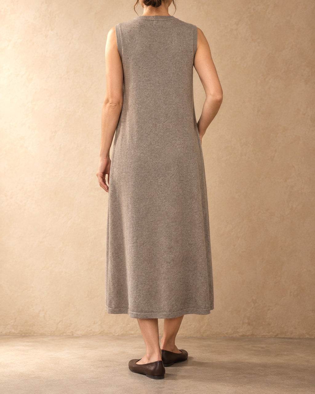 Sleeveless Tie-Neck Midi Dress in Cashmere, Beige, back view