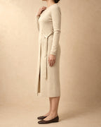 Side-Tie Wrap Dress in Cashmere, Beige, side view
