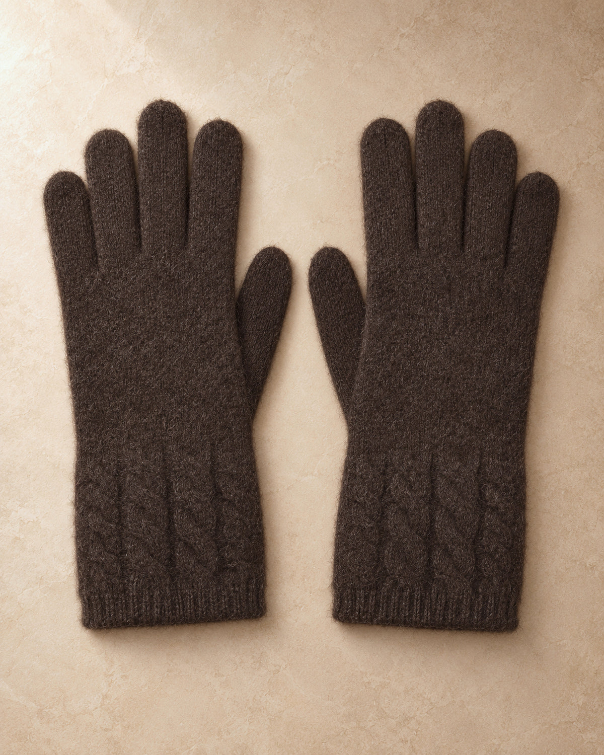 Women's Cable-Cuff Gloves in Yak Wool, Brown, flat view