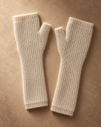 Long Fingerless Mitts in Cashmere, Cream, flat view