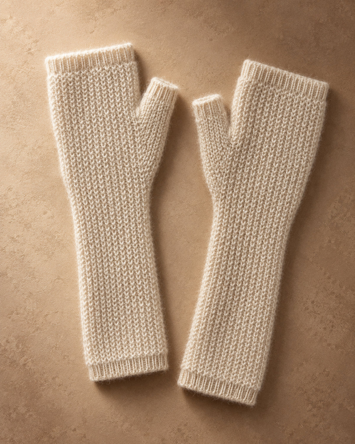 Long Fingerless Mitts in Cashmere, Cream, flat view